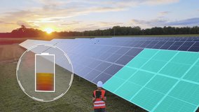 Engineer testing new installed solar panels on farm field at sunset - loading battery Digital motion graphic and holograms - aerial backwards shot - Powered by Shutterstock - Get 15% off with code: PIKWIZARD15