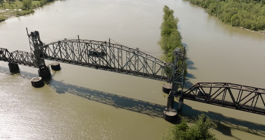 Panorama Of Lee Creek Park With Railroad Bridge In Van Buren, Arkansas, USA. Aerial Drone Shot