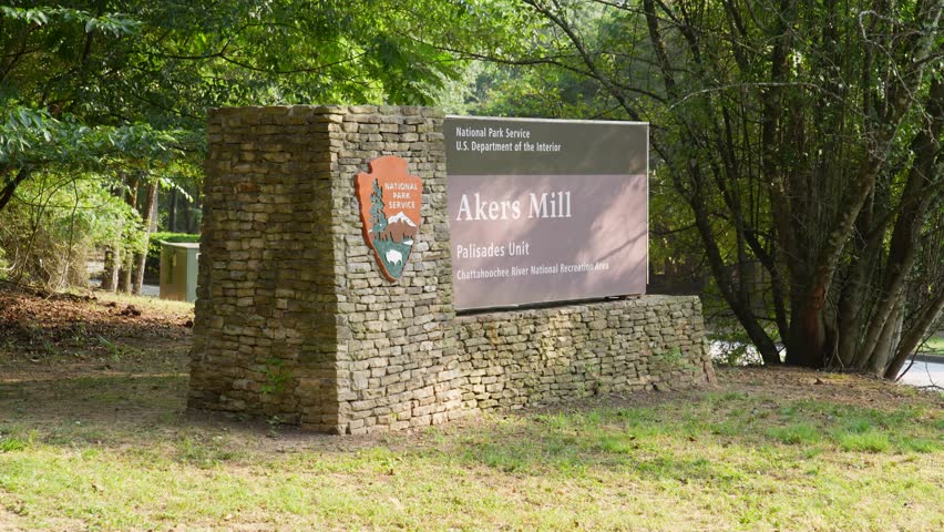 National Park Service Akers Mill welcome sign in Atlanta, Georgia.