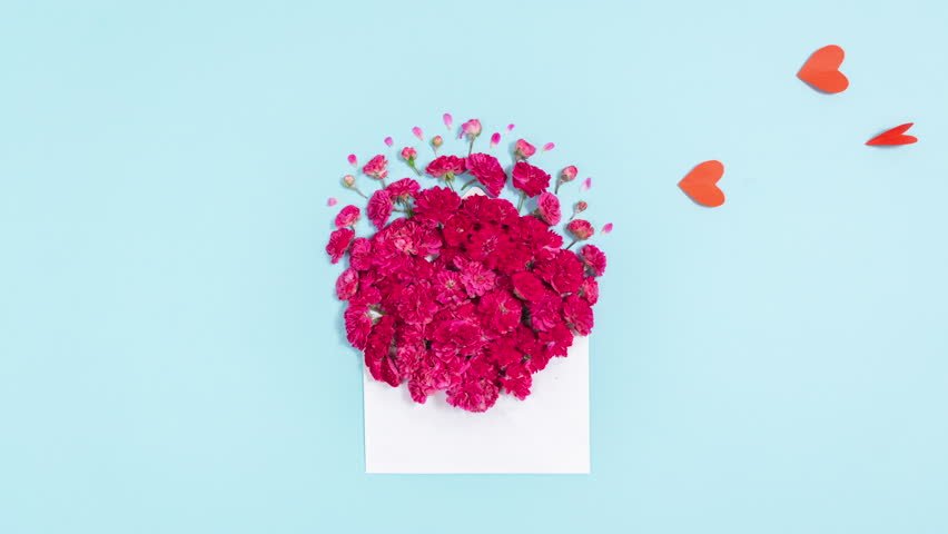 Red heads of small roses emerge from white envelope. Butterfly hearts fly out of flowers, which are then sent by hand into an envelope. Blue background. Love messages concept. Stop motion animation. - Powered by Shutterstock - Get 15% off with code: PIKWIZARD15