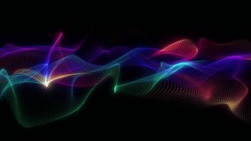 4K Wavy lines. Neon particles. Flowing lines. Abstract Background. Isolated on black. 60 fps seamless loop. Technology motion graphics.