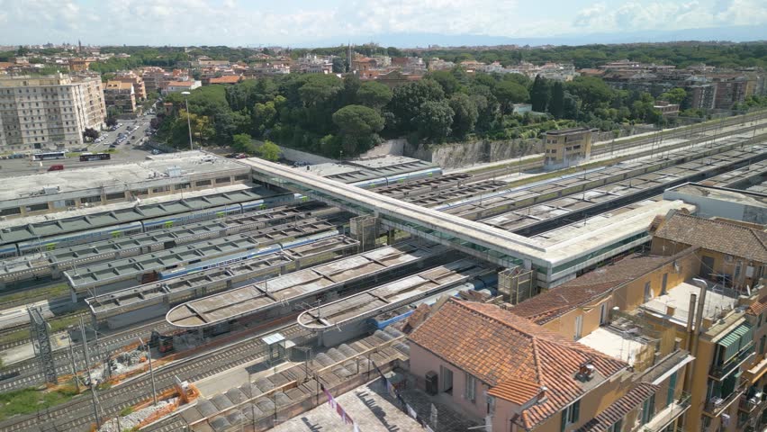 Aerial View Above Roma Ostiense Train Station in Rome, Italy. Typical Summer Day
