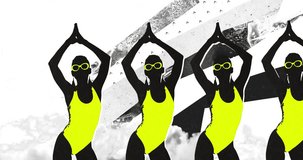Motion design fun animation. Art collage, magazine style. Suitable for use in vj and misic videos. Girl in a bathing suit dancing with an aggressive grunge effect