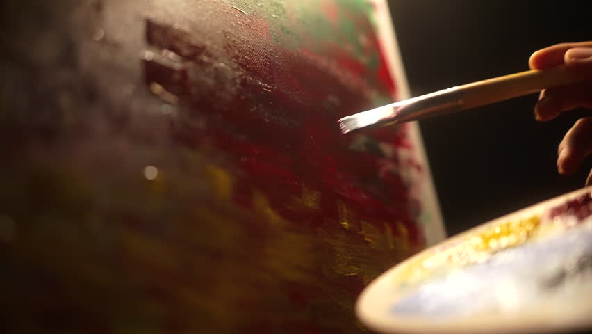 
Close-up Moving Paint brush holding on hand of artist and painting on canvas work art with color oil painting at dark room workshop. Artist works and Creative on Abstract Oil Painting at night.
 Royalty-Free Stock Footage #1105218427