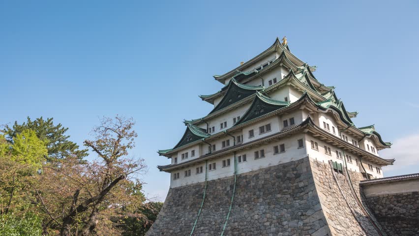 Nagoya Aichi Japan time lapse 4K, city skyline timelapse at Nagoya Castle in autumn season