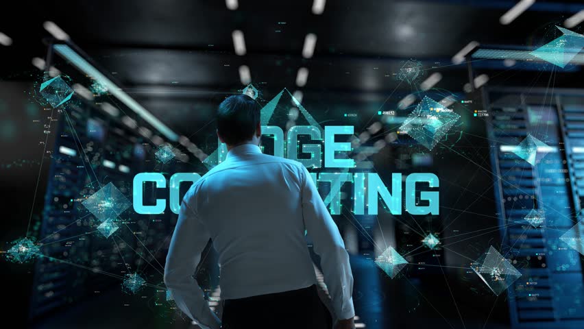 Edge Computing. IT Administrator Activating Modern Data Center Server with Hologram.