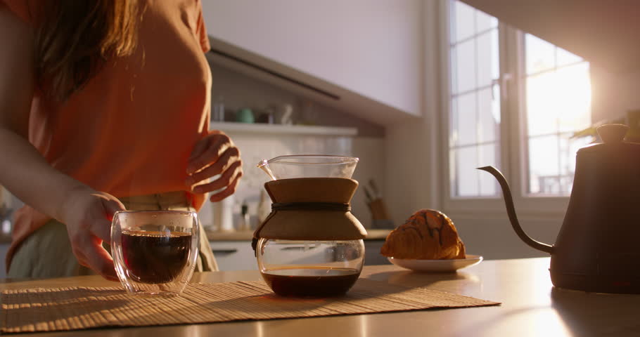 Concept of coffee lover early morning wake up homemade hot steam tasty caffeine Royalty-Free Stock Footage #1105221457