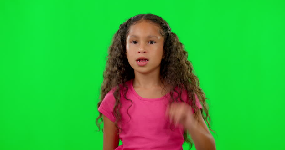 Stop hand, child portrait and green screen with anger and no emoji sign. Children, open palm and protest feeling upset with warning with kid doing rejection, defense and refuse hand gesture of girl