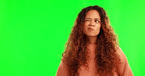 Woman thinking, green screen planning and inspiration idea, strategy pan or question solution, wondering or doubt. Decision, chroma key choice and face of confused female person on studio background Adlı Stok Video
