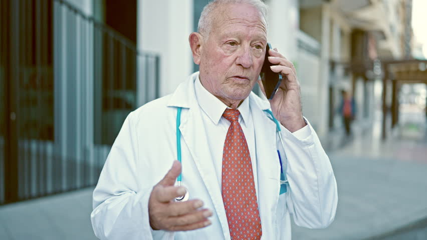 Senior grey-haired man doctor standing with serious expression talking on smartphone at street Royalty-Free Stock Footage #1105224511