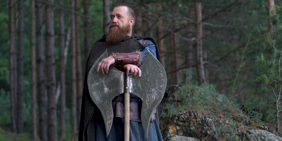 Medieval warrior viking barbarian with ax and shield in forest