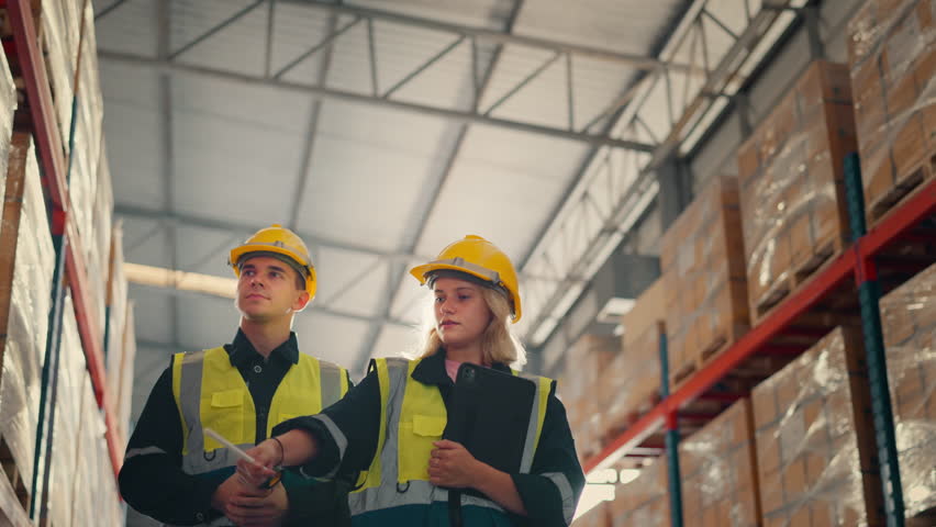 Man and woman workers checks products stock inventory with digital tablet in the retail warehouse full of shelves, Workers employee wearing hard hat doing work in storehouse. Royalty-Free Stock Footage #1105226463