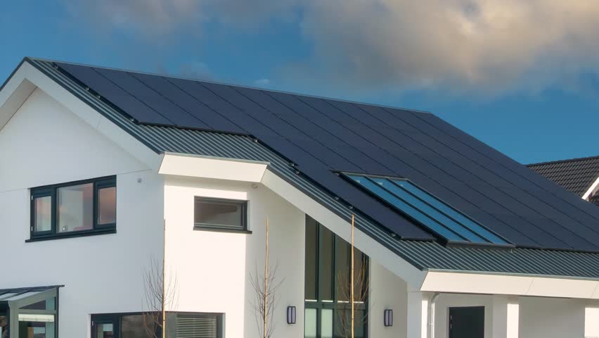Horizontal pan of newly built Dutch houses with solar panels attached to the roof Royalty-Free Stock Footage #1105228405