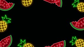 Glowing Neon Tropical Fruits Frame Design Isolated on Black Background. 4K Video Motion Graphic Animation. Summer Time Vacation Modern Design Element. Organic Fresh Pineapples and Watermelon frame.