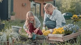 Cute little girl helping her mother gardening flowers in garden. Beautiful mom teaching her kid planting plants. Looking with focus how her child working with small shovel. Having family day. - Powered by Shutterstock - Get 15% off with code: PIKWIZARD15