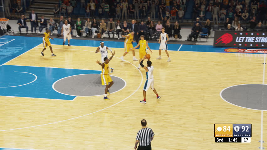 Basketball TV Broadcast Montage with Game Statistics on Screen. Two International Teams Playing at a Sold Out Event. Teams Dribble, Pass the Ball, Score Goals During an Intense Championship Match Royalty-Free Stock Footage #1105233243