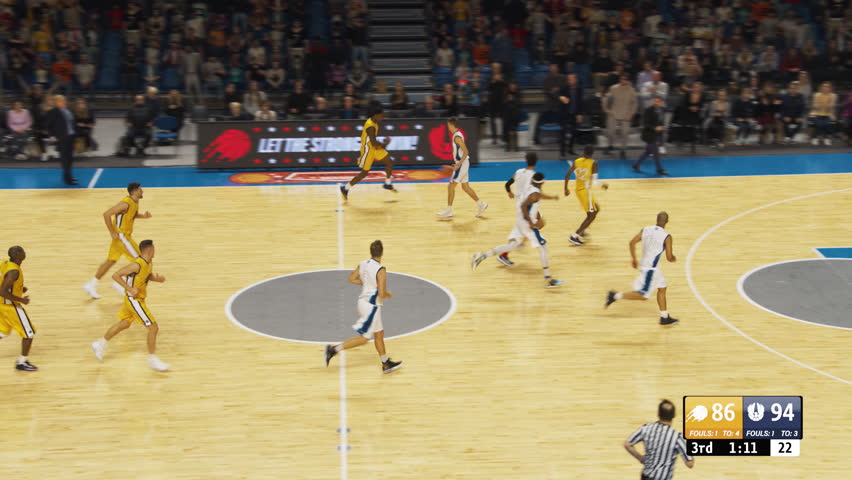 Basketball TV Broadcast Montage with Game Statistics on Screen. Two International Teams Playing at a Sold Out Event. Teams Dribble, Pass the Ball, Score Goals During an Intense Championship Match