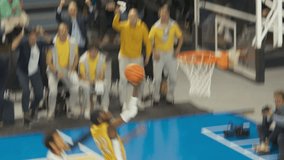 Basketball Championship Action on Live TV: Tracking Shot of a Team Defense Player Stealing the Ball From Opponent, Passing to a Forward Teammate Who Performs a Fast Effective Goal with One Hand - Powered by Shutterstock - Get 15% off with code: PIKWIZARD15