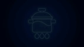 Glowing neon line Cooking pot icon isolated on black background. Boil or stew food symbol. 4K Video motion graphic animation .