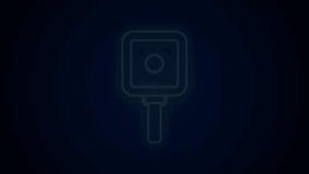 Glowing neon line Frying pan icon isolated on black background. Fry or roast food symbol. 4K Video motion graphic animation .