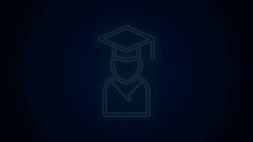 Glowing neon line Graduate and graduation cap icon isolated on black background. 4K Video motion graphic animation.
