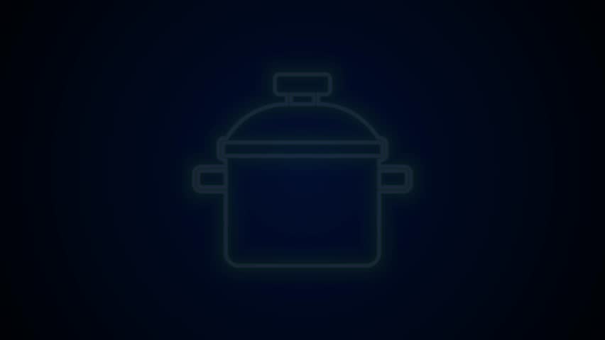 Glowing neon line Cooking pot icon isolated on black background. Boil or stew food symbol. 4K Video motion graphic animation .