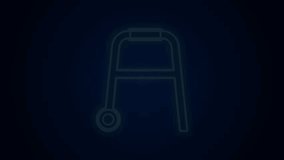 Glowing neon line Walker for disabled person icon isolated on black background. 4K Video motion graphic animation.