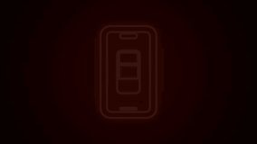 Glowing neon line Smartphone battery charge icon isolated on black background. Phone with a low battery charge. 4K Video motion graphic animation.