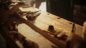 Zoom in Close up of Wooden Antique Workshop Table and Tools for Woodwork. Creative Space for Fine Art Creator and Sculptor, Witnessing Talent and Inspiration. Old Traditional Wood Carving Tools - Powered by Shutterstock - Get 15% off with code: PIKWIZARD15