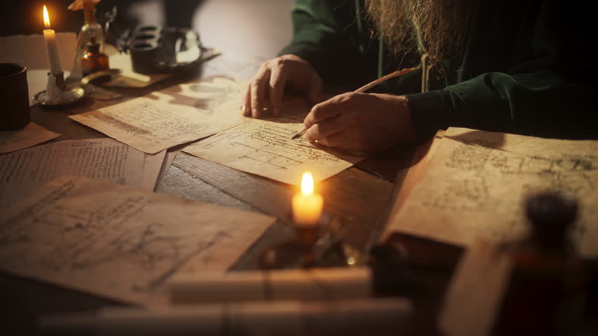 Close Up on Hand of Old Renaissance Male Using Ink and Quill to Write New Ideas. Dedicated Historian Taking Notes, Writing a Book about the Important and Innovative Eras in the History of Humanity