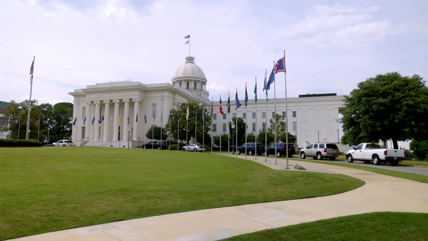Alabama State Capitol building in Montgomery, Alabama walking at an angle.
