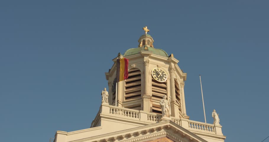 Bell Tower Of The Church Of St. James On Coudenberg At Place Royale In Brussels, Belgium. low angle, close-up