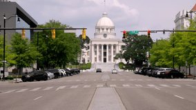 Alabama state capitol building with gimbal video walking forward along Dexter Avenue in Montgomery, Alabama.