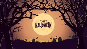 Spooky halloween cartoon animation with haunted house pumpkins and flying bats with dark background of seamless loopable HD video