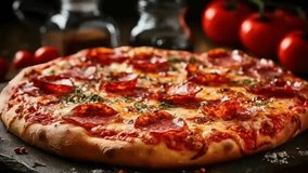 Pepperoni Pizza with Mozzarella cheese, salami, Tomato sauce, pepper, Flavors. Italian pizza on wooden table foundation. Video Animation