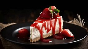 Strawberry cheesecake served on plate on dim wooden table establishment. Video Animation