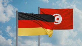 Tunisia and Germany flag waving together in the wind on blue sky, cycle looped video, two country cooperation concept