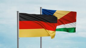 Republic of Seychelles and Germany flag waving together in the wind on blue sky, cycle looped video, two country cooperation concept