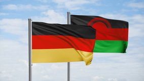 Malawi flag and Germany flag waving together on blue sky, looped video, two country cooperation concept