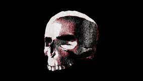 Spinning skull, paper doodle-style 2D animation on black background, cel-shaded stylised rubber-stamp print textured drawn artwork. Looping clip for music video edits, halloween, VJ etc.
