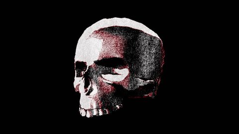 Spinning skull, paper doodle-style 2D animation on black background, cel-shaded stylised rubber-stamp print textured drawn artwork. Looping clip for music video edits, halloween, VJ etc. Adlı Stok Video