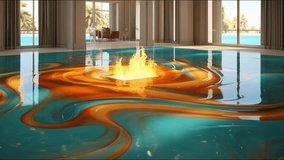 Liquid Floor Display with Fireplace
