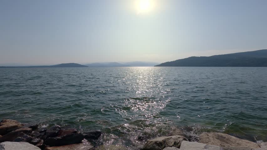 View of Lake Pend Oreille in Sandpoint Idaho on a hazy morning 