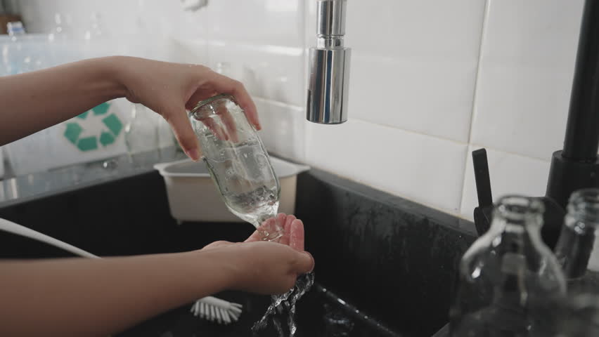 Net Zero waste go green eco people save the planet earth wash rinse clean empty reuse glass bottles sort before recycle bin on touchless sensor faucet tap sink smart home. World water day plastic free Royalty-Free Stock Footage #1105259155