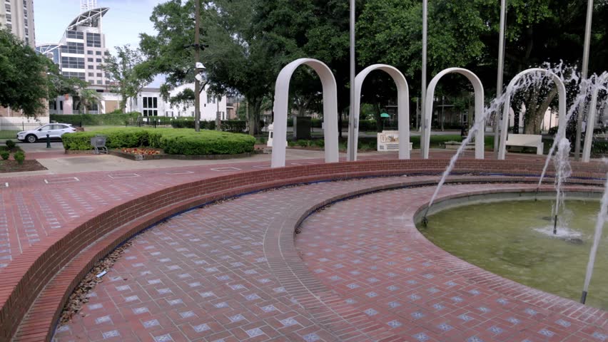 Spanish Park Plaza water fountain in Mobile, Alabama with gimbal video panning left to right close up.