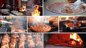 Chefs Cooking in Commercial Outdoor Kitchens - Conceptual Multi Screen Video. Grilling Delicious Chicken Breasts, Fish and Sausages. Chef Cooking With Fire in Frying Pan. Chef Making Pizza.