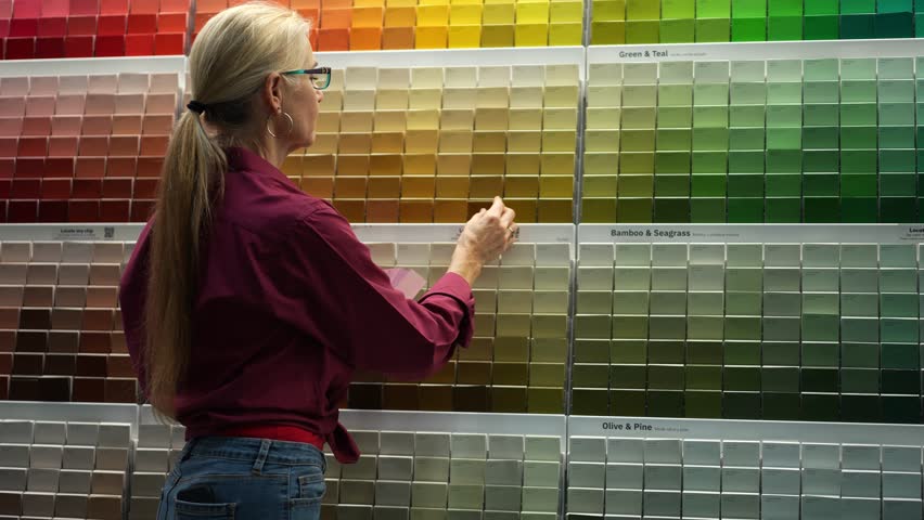 Woman looking at paint chips in a hardware store. Concept of home remodeling shopping experience. Royalty-Free Stock Footage #1105263625