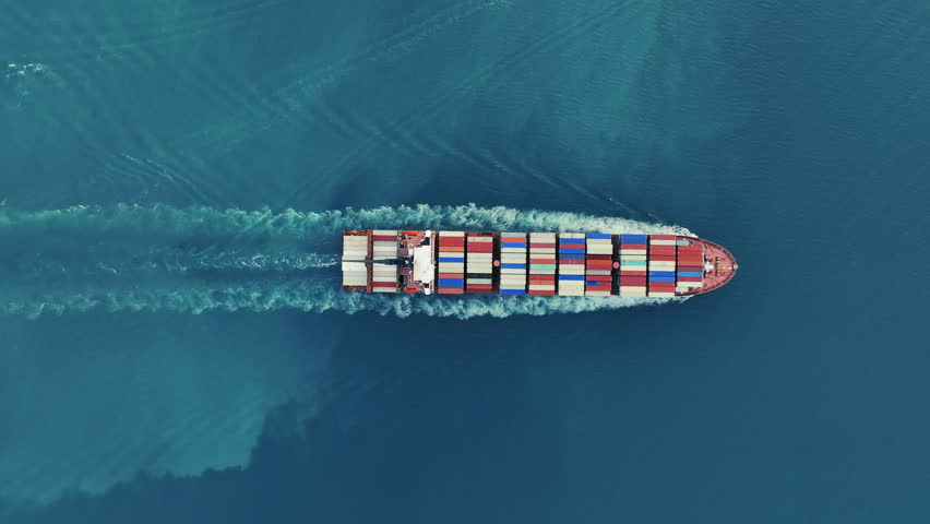 Cargo container Ship, cargo maritime ship with contrail in the ocean ship carrying container and running for export  concept technology freight shipping sea freight by Express Ship. top view 