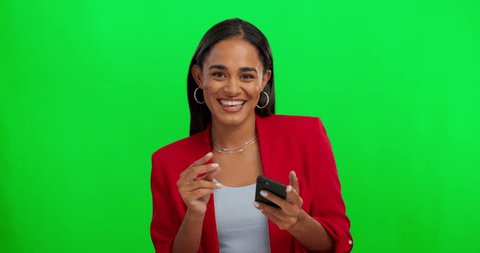 Dance, phone and face of woman on green screen for news, bonus or celebration of giveaway, winner or opportunity. Happy, dancing and excited person winning, discount and mobile on a studio background Video de stock