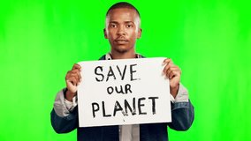 African man, green screen and poster for protest, climate change and serious face for justice for Earth. Young man, activist and billboard to save the planet with mockup space, global warming or goal - Powered by Shutterstock - Get 15% off with code: PIKWIZARD15
